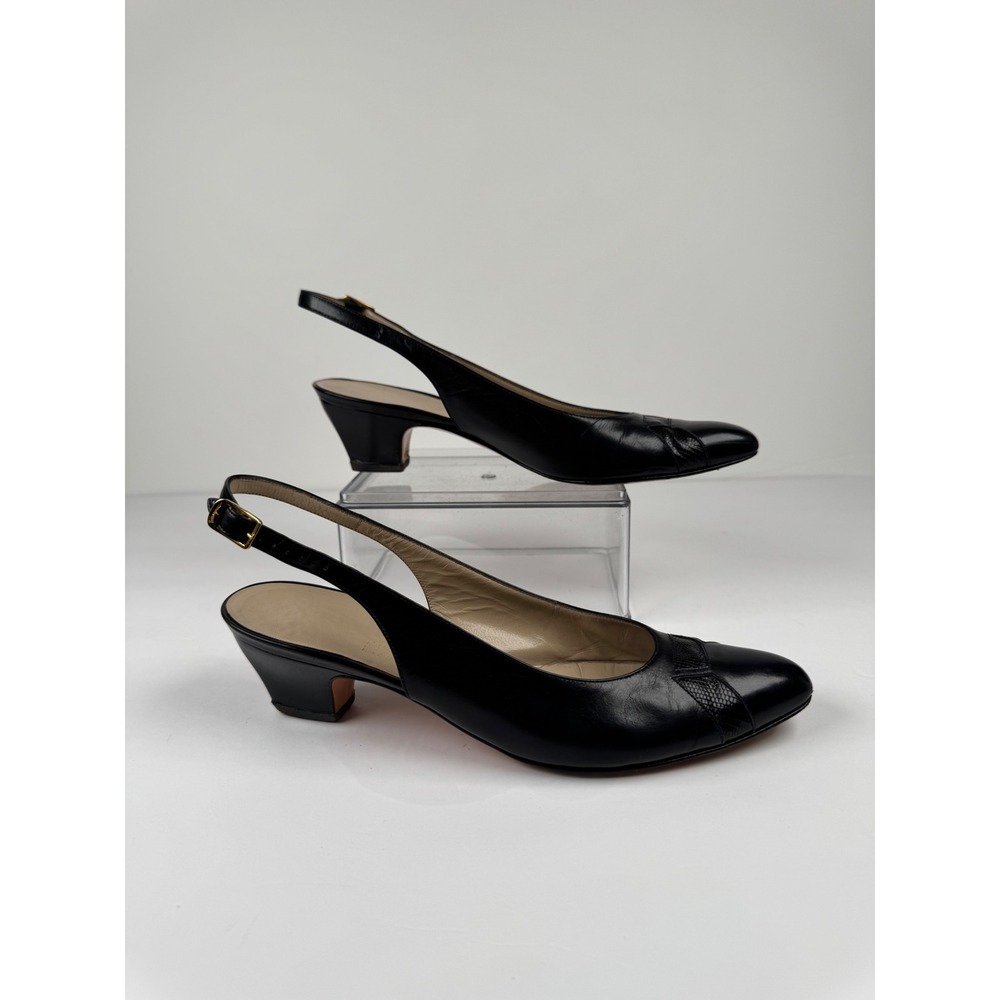 Salvatore Ferragamo Navy Blue Leather Slingback Kitten Heels Womens 7 AAAA Vtg‎
